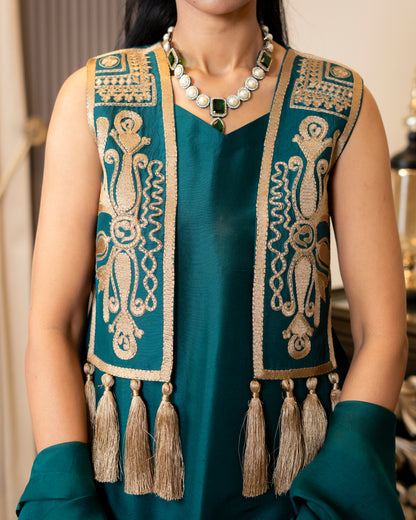 “Emerald Royale – Embroidered Waistcoat & Silk Ensemble”