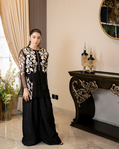 “Monochrome Elegance – Black & White Embroidered Organza Ensemble”