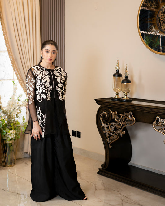 “Monochrome Elegance – Black & White Embroidered Organza Ensemble”