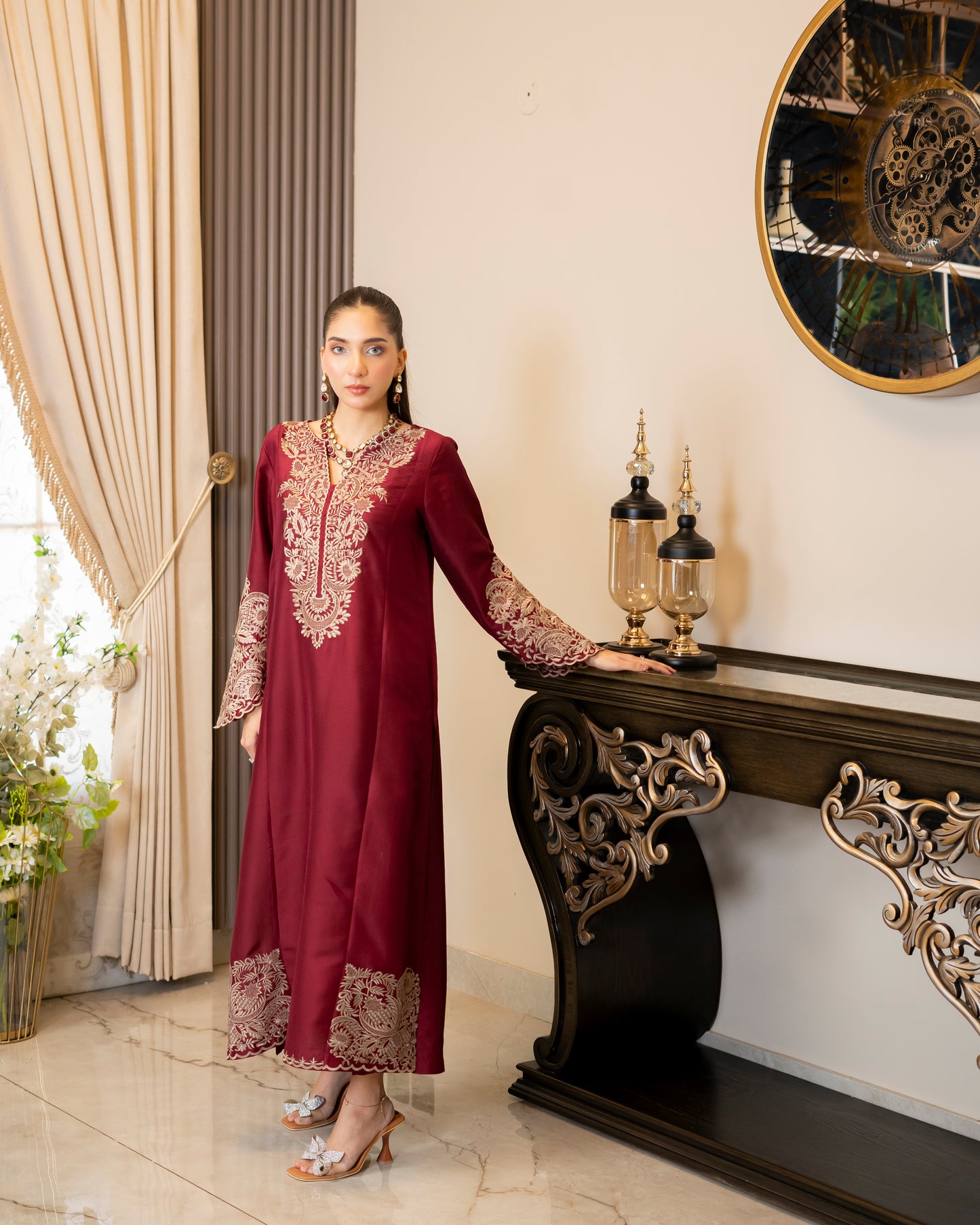 “Maroon Majesty – Pure Raw Silk Embroidered Long Shirt, Pants & Dupatta Ensemble”