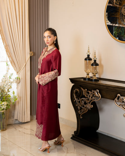 “Maroon Majesty – Pure Raw Silk Embroidered Long Shirt, Pants & Dupatta Ensemble”