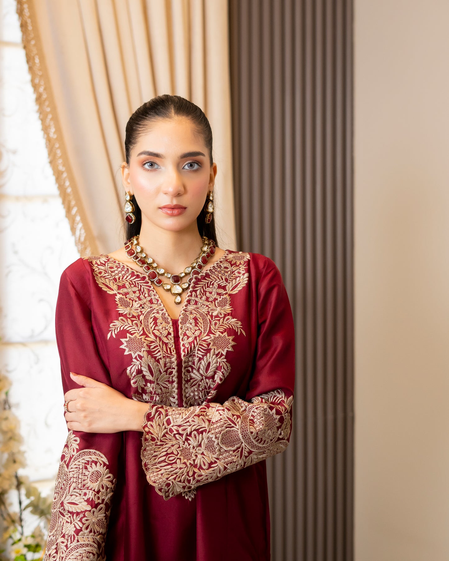“Maroon Majesty – Pure Raw Silk Embroidered Long Shirt, Pants & Dupatta Ensemble”