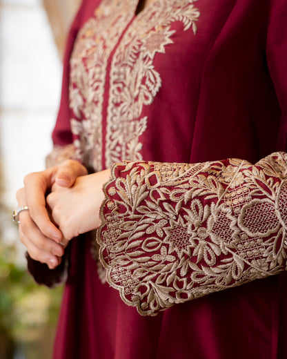 “Maroon Majesty – Pure Raw Silk Embroidered Long Shirt, Pants & Dupatta Ensemble”
