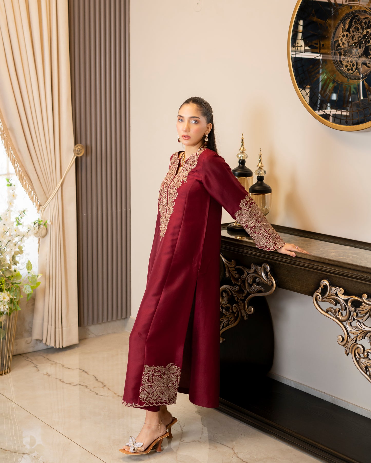 “Maroon Majesty – Pure Raw Silk Embroidered Long Shirt, Pants & Dupatta Ensemble”
