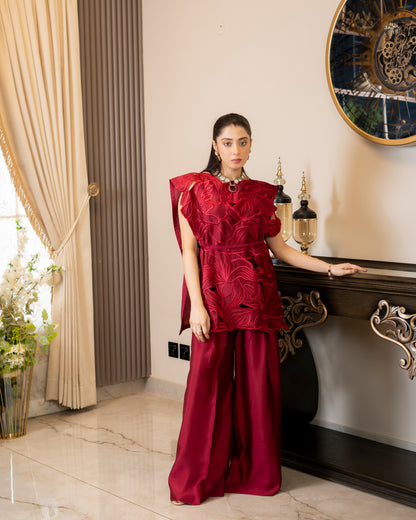 “Crimson Luxe – Pure Silk Cutwork Ensemble”