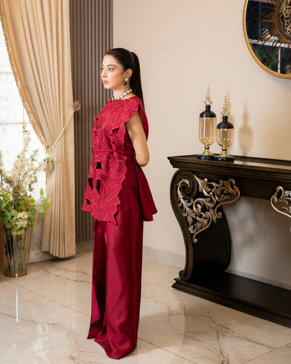 “Crimson Luxe – Pure Silk Cutwork Ensemble”