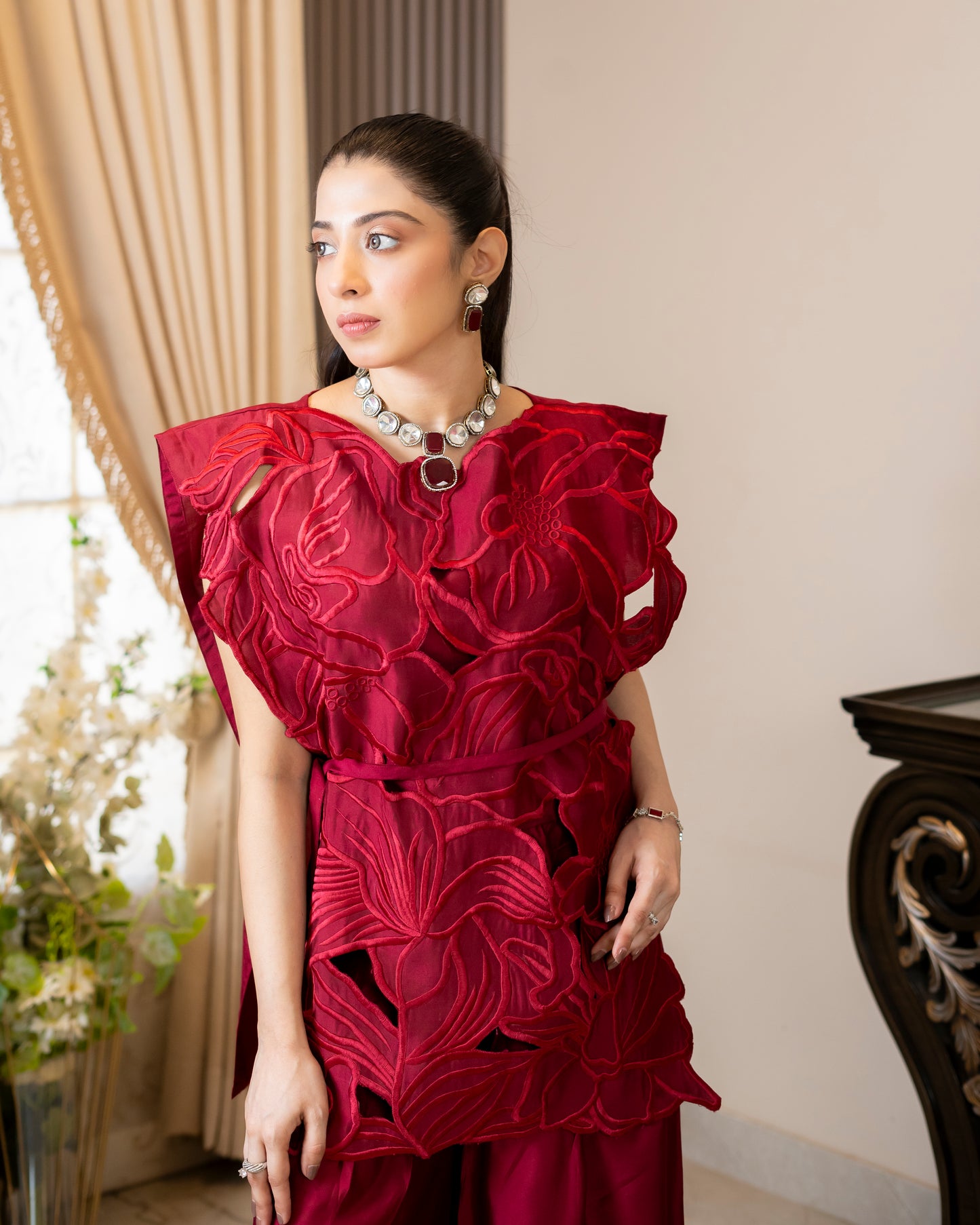 “Crimson Luxe – Pure Silk Cutwork Ensemble”