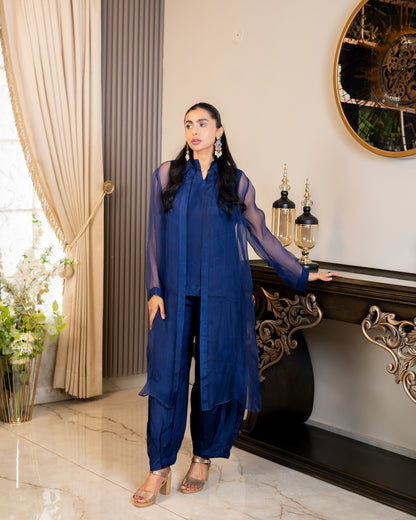 “Royal Sapphire – Organza & Silk Layered Ensemble”