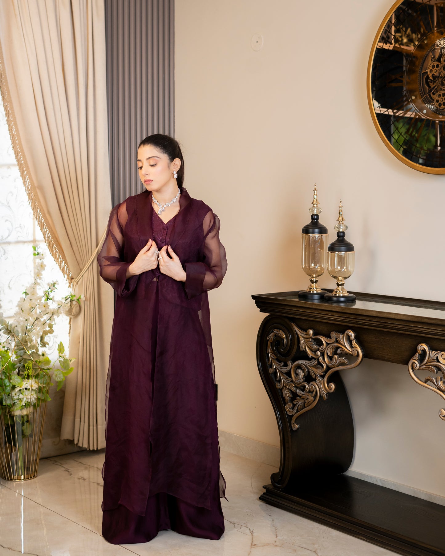 “Plum Majesty – Silk & Organza Three-Piece Ensemble”