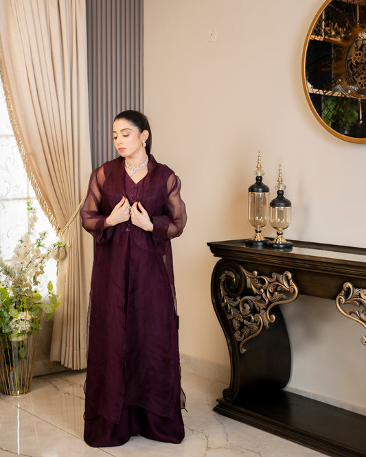 “Plum Majesty – Silk & Organza Three-Piece Ensemble”