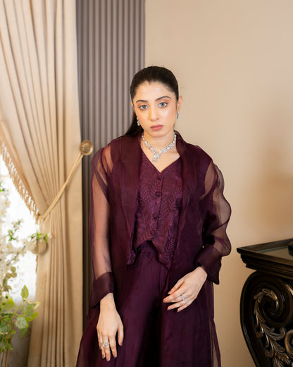 “Plum Majesty – Silk & Organza Three-Piece Ensemble”
