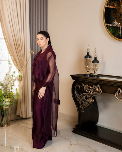 “Plum Majesty – Silk & Organza Three-Piece Ensemble”