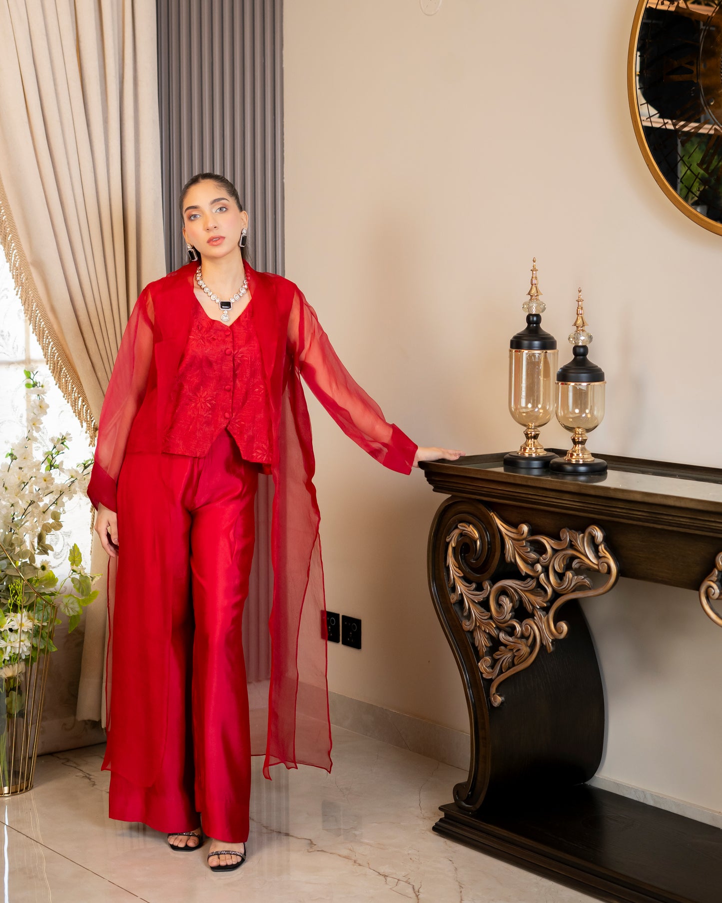 “Scarlet Veil – Silk & Organza Three-Piece Ensemble”
