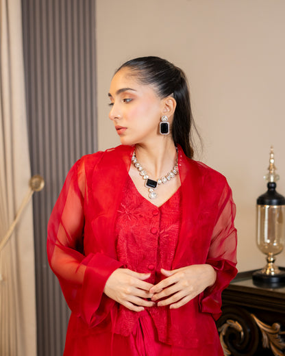 “Scarlet Veil – Silk & Organza Three-Piece Ensemble”