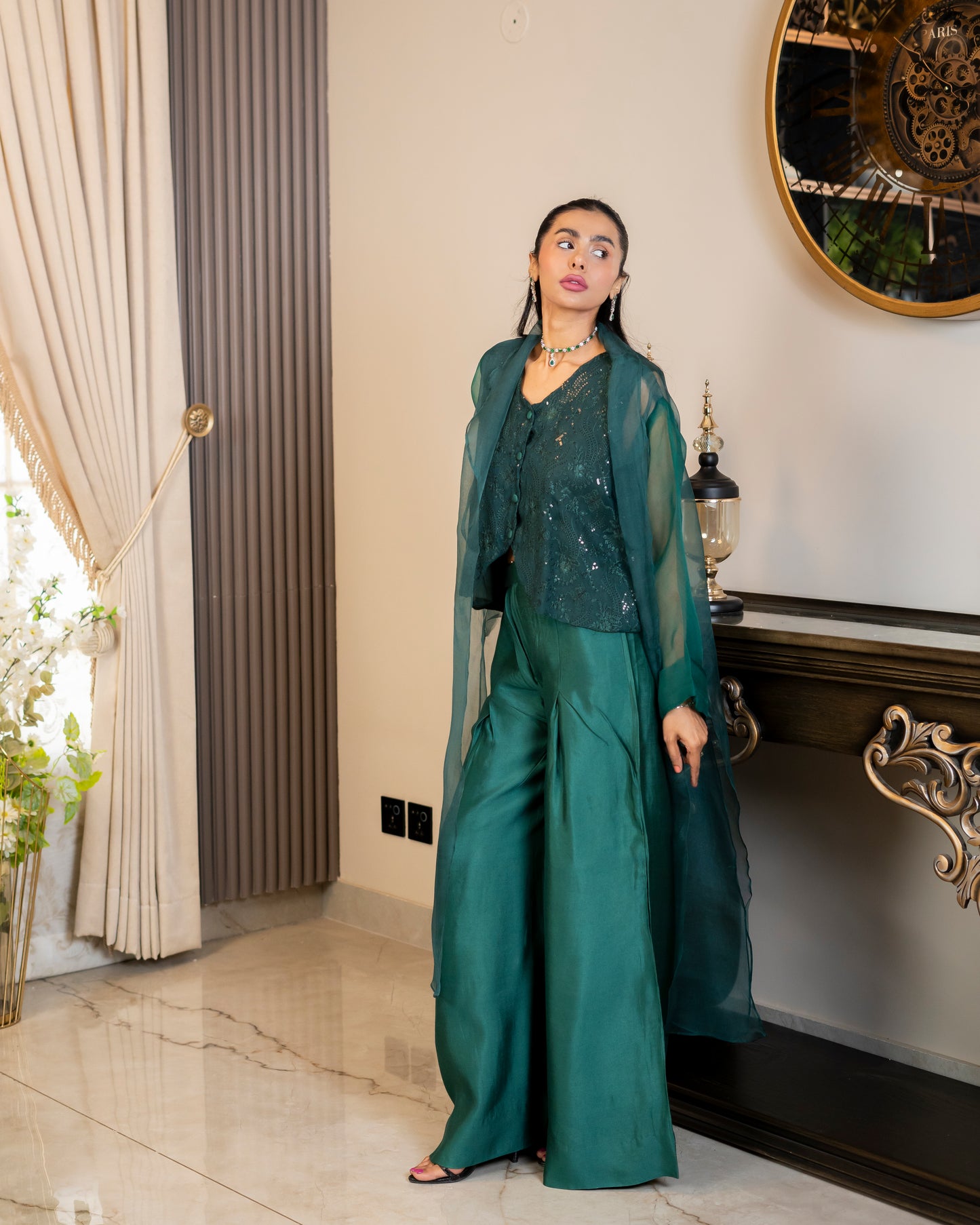 “Emerald Allure – Silk & Organza Three-Piece Ensemble”