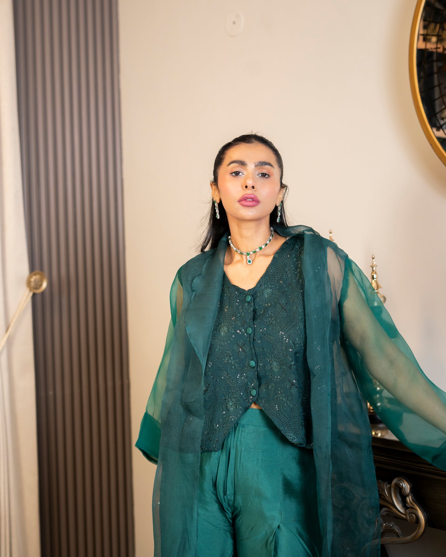 “Emerald Allure – Silk & Organza Three-Piece Ensemble”