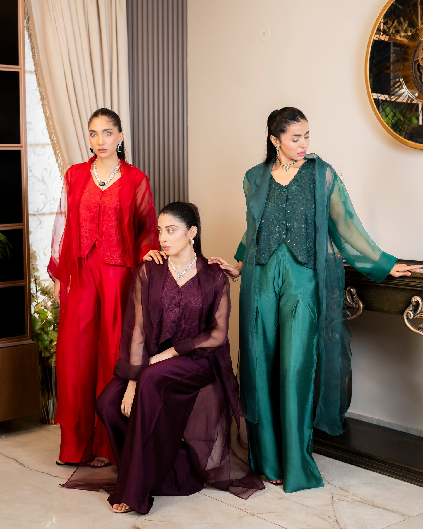 “Plum Majesty – Silk & Organza Three-Piece Ensemble”