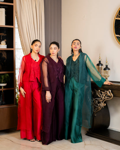 “Plum Majesty – Silk & Organza Three-Piece Ensemble”