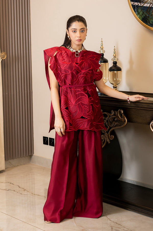 Crimson Luxe– Pure Silk Cutwork Ensemble